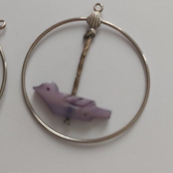 Native American Sterling Fetish Mother Of Pearl Birds Silver Hoop Earings - Picture 3 of 4